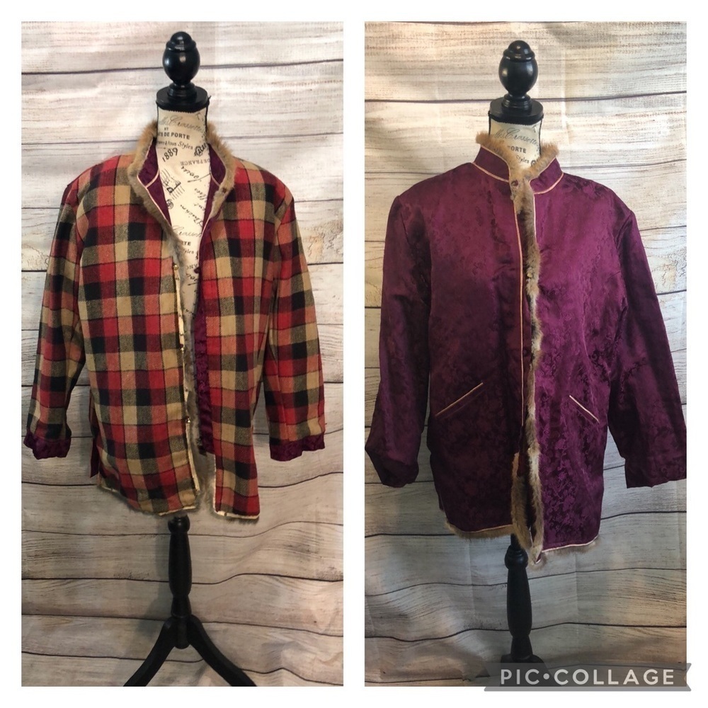 Fur Trimmed Plaid Brocade Jacket REVERSIBLE Button Down Handmade Funky Artsy